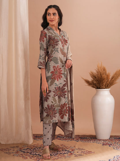 Abstract Floral Foil Printed Straight Fit Kurta with Pant and Dupatta - Taupe