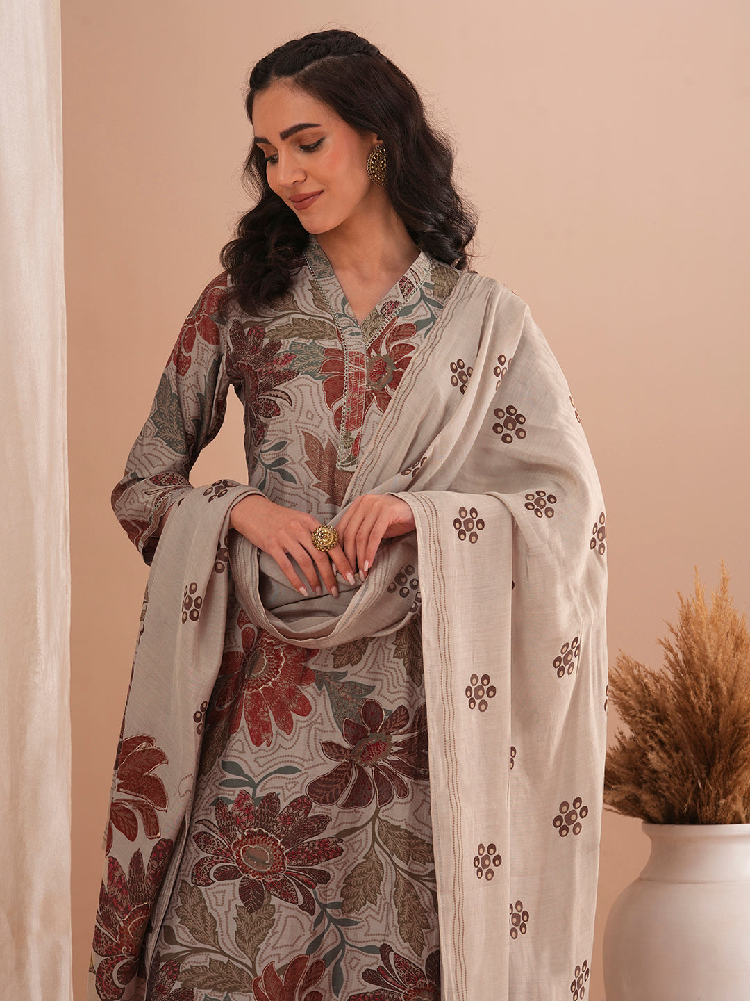 Abstract Floral Foil Printed Straight Fit Kurta with Pant and Dupatta - Taupe