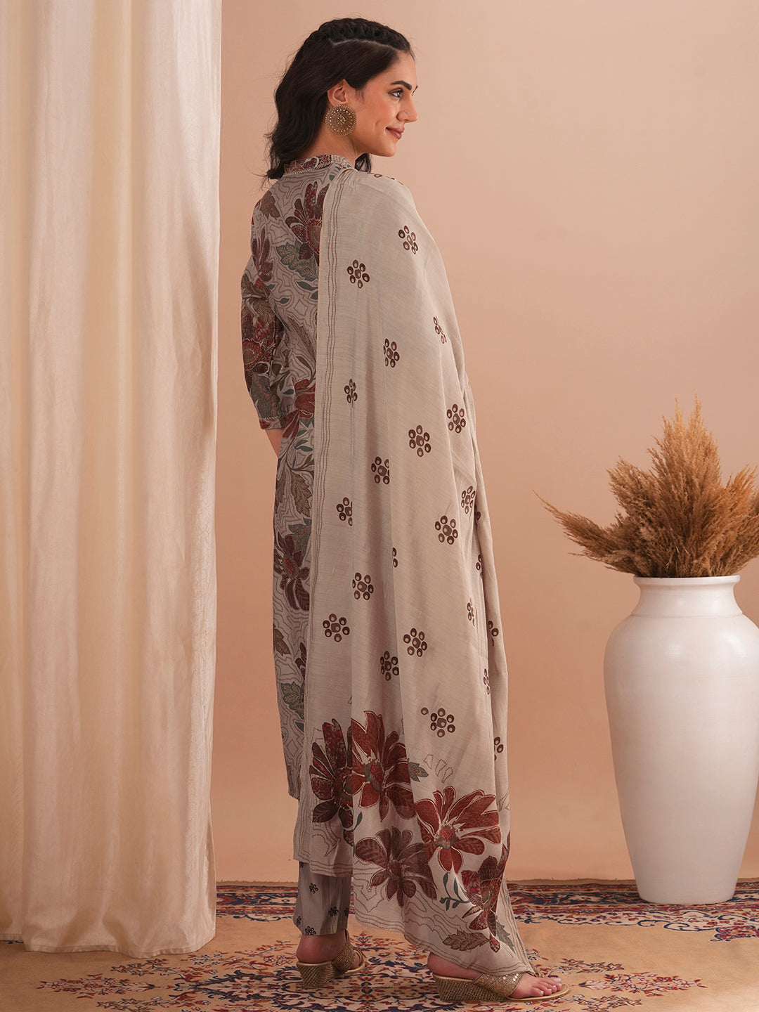 Abstract Floral Foil Printed Straight Fit Kurta with Pant and Dupatta - Taupe