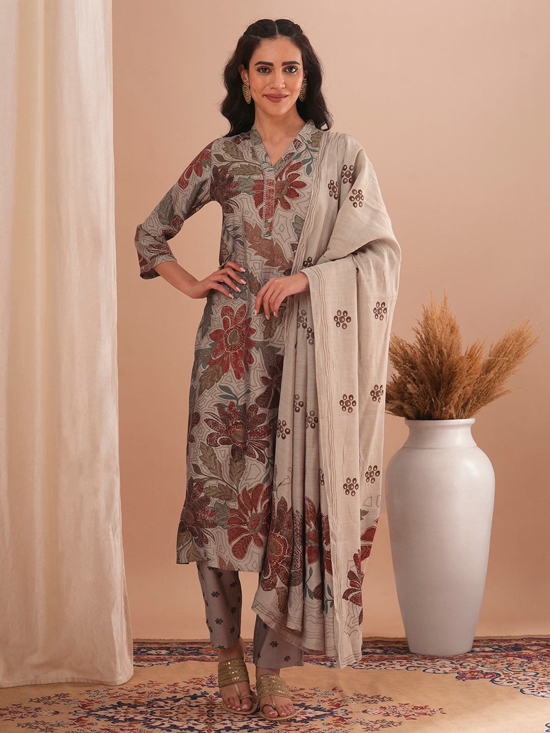 Abstract Floral Foil Printed Straight Fit Kurta with Pant and Dupatta - Taupe