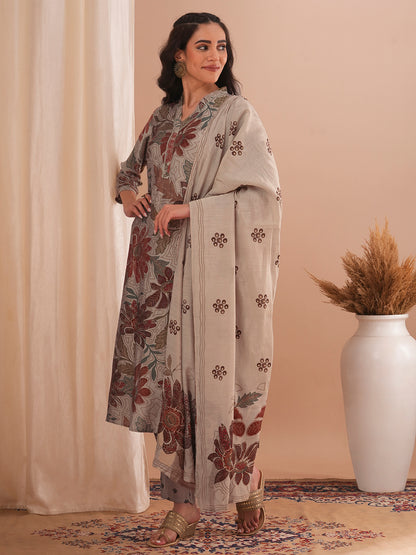 Abstract Floral Foil Printed Straight Fit Kurta with Pant and Dupatta - Taupe