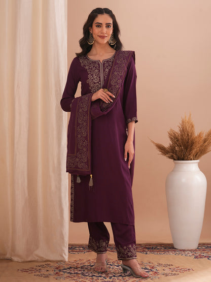 Solid Ethnic Embroidered Straight Fit Kurta with Pant & Dupatta - Burgundy