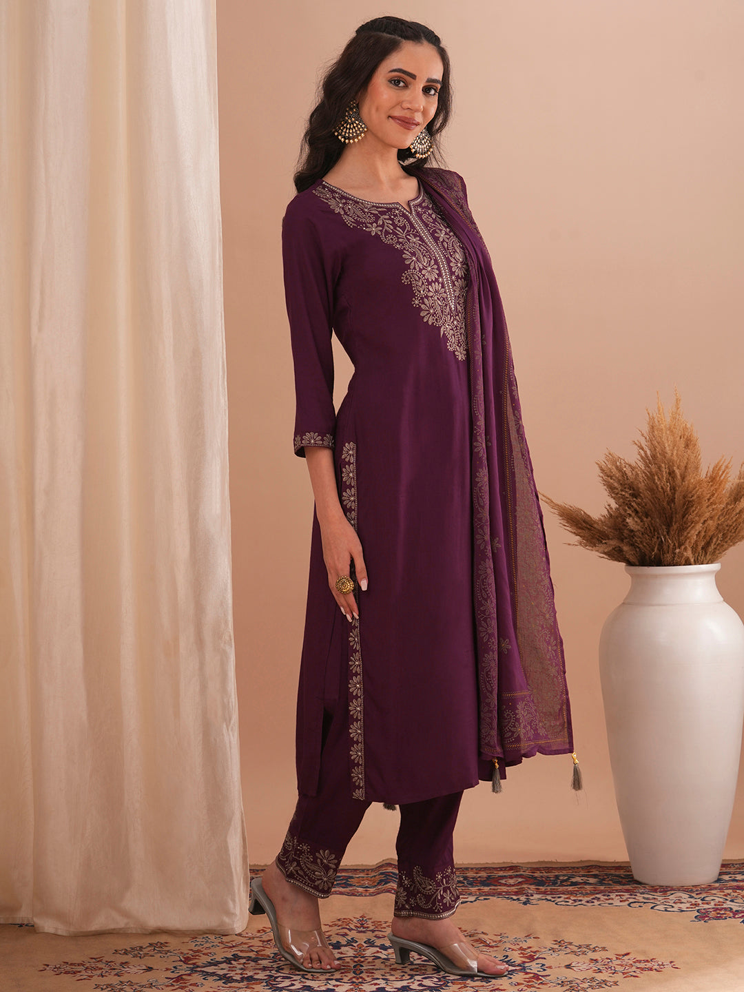 Solid Ethnic Embroidered Straight Fit Kurta with Pant & Dupatta - Burgundy