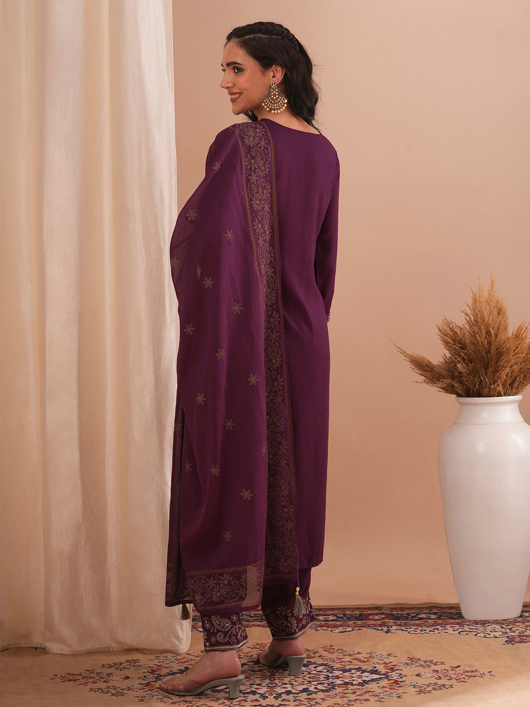 Solid Ethnic Embroidered Straight Fit Kurta with Pant & Dupatta - Burgundy