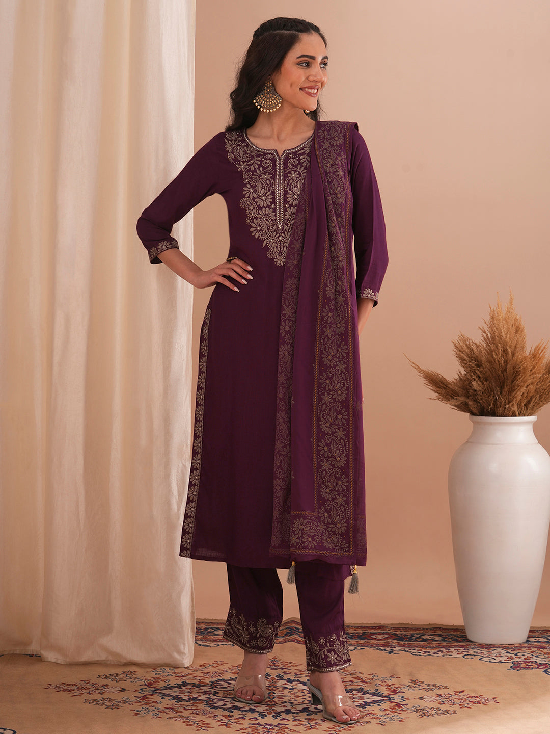 Solid Ethnic Embroidered Straight Fit Kurta with Pant & Dupatta - Burgundy