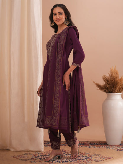 Solid Ethnic Embroidered Straight Fit Kurta with Pant & Dupatta - Burgundy