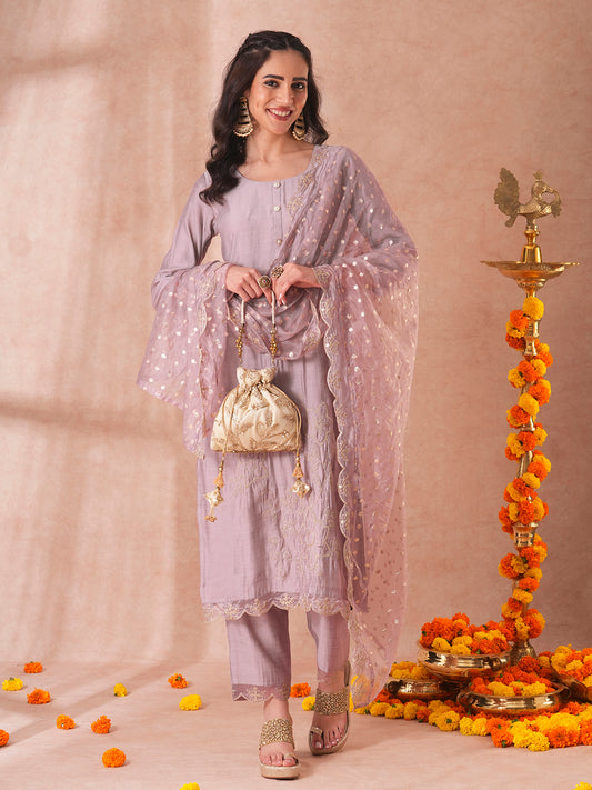 Solid Floral Embroidered Straight Fit Kurta with Pant and Dupatta - Lavender