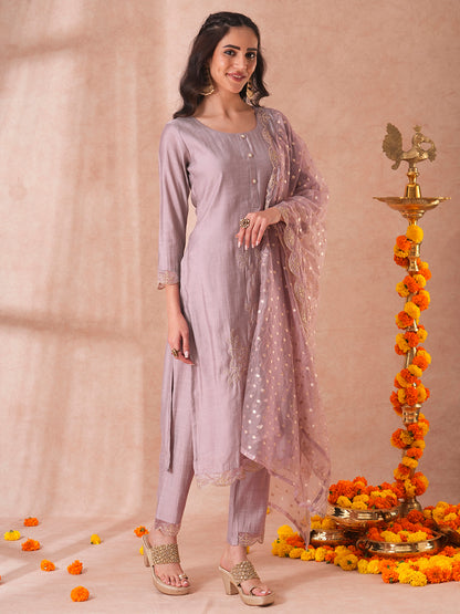 Solid Floral Embroidered Straight Fit Kurta with Pant and Dupatta - Lavender