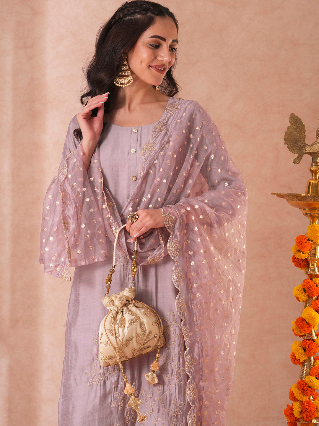 Solid Floral Embroidered Straight Fit Kurta with Pant and Dupatta - Lavender