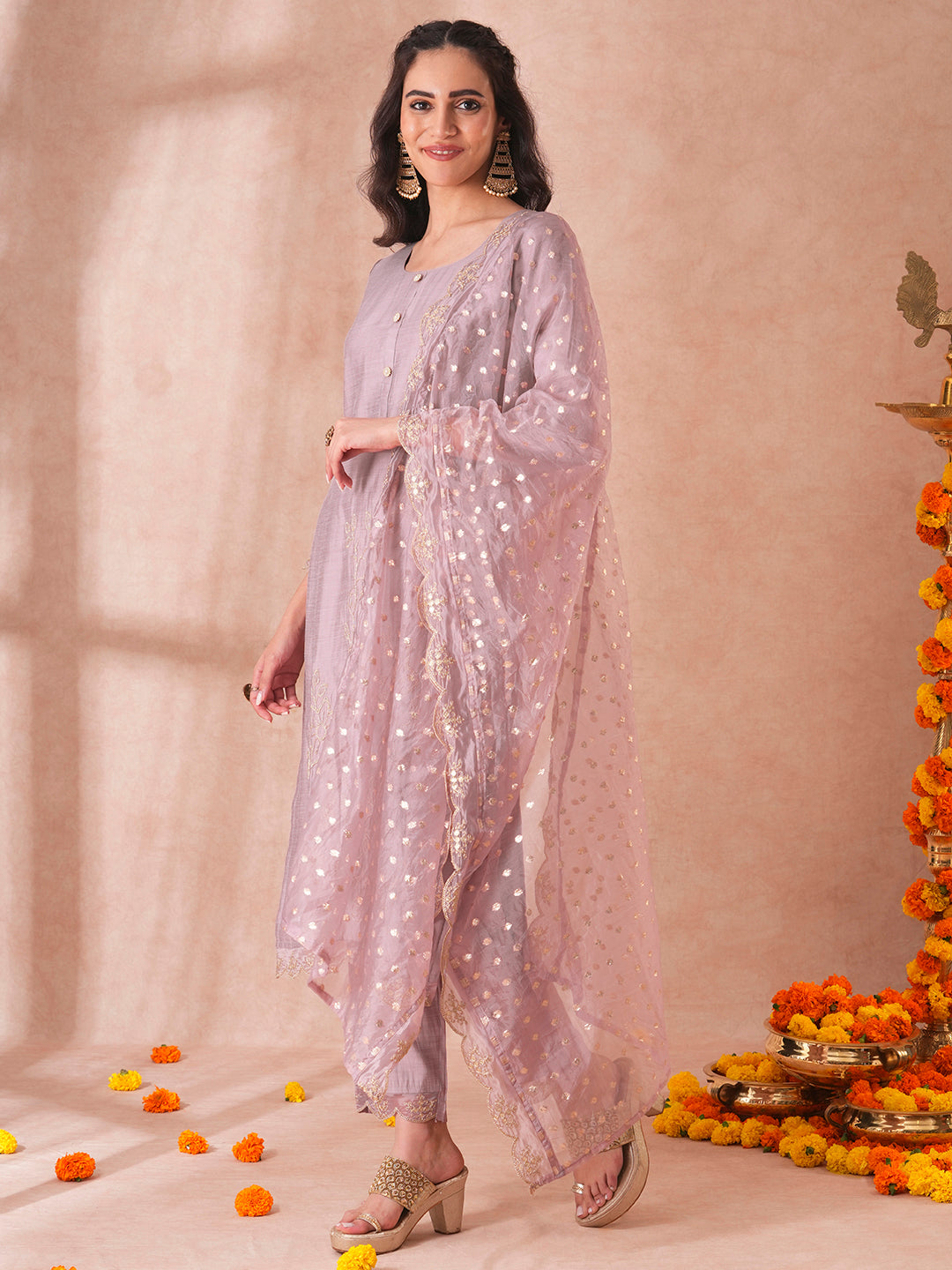 Solid Floral Embroidered Straight Fit Kurta with Pant and Dupatta - Lavender