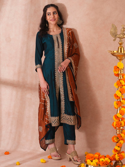 Solid Ethnic Sequin Embroidered Anarkali Kurta with Pant and Dupatta - Blue