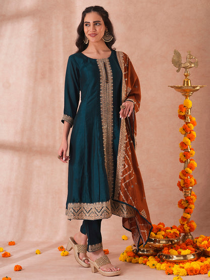 Solid Ethnic Sequin Embroidered Anarkali Kurta with Pant and Dupatta - Blue