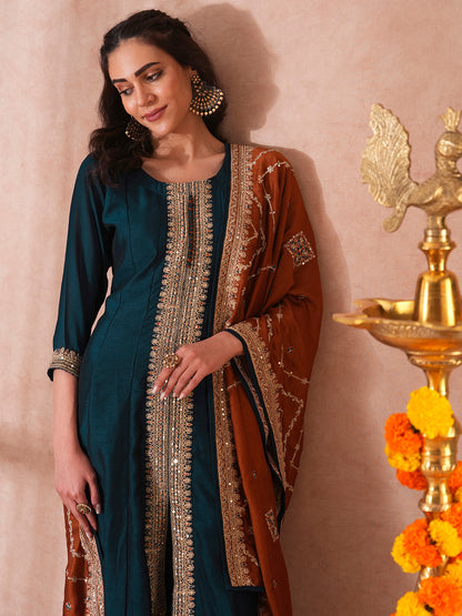 Solid Ethnic Sequin Embroidered Anarkali Kurta with Pant and Dupatta - Blue