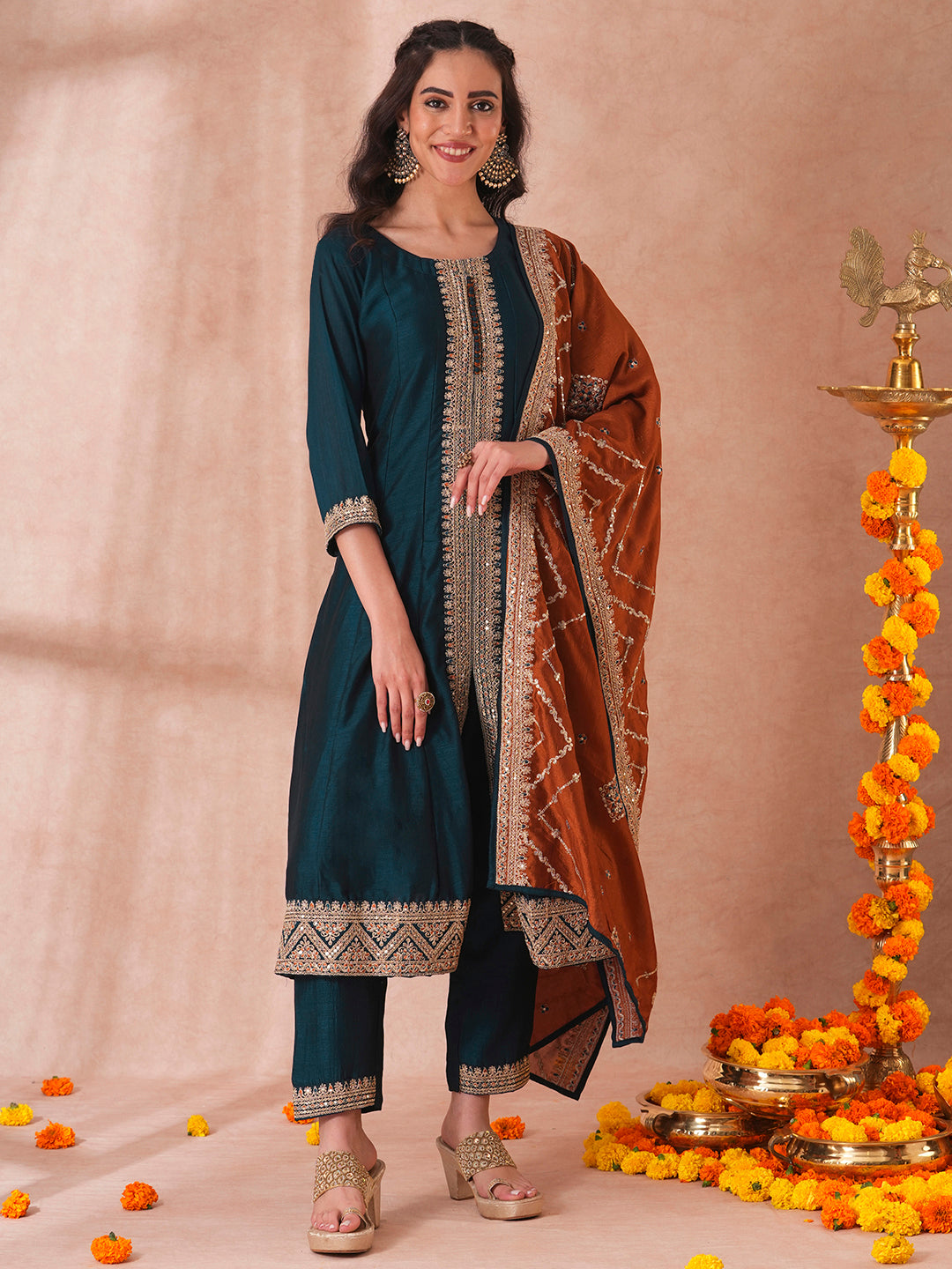 Solid Ethnic Sequin Embroidered Anarkali Kurta with Pant and Dupatta - Blue