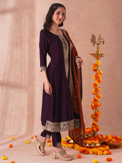 Solid Ethnic Embroidered Anarkali Flared Kurta with Pant and Dupatta - Purple