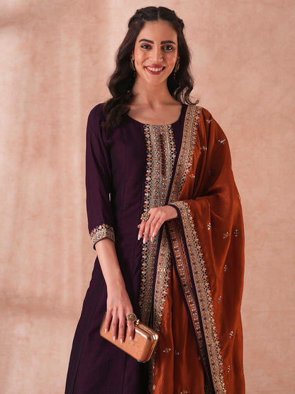 Solid Ethnic Embroidered Anarkali Flared Kurta with Pant and Dupatta - Purple