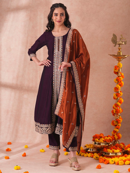 Solid Ethnic Embroidered Anarkali Flared Kurta with Pant and Dupatta - Purple