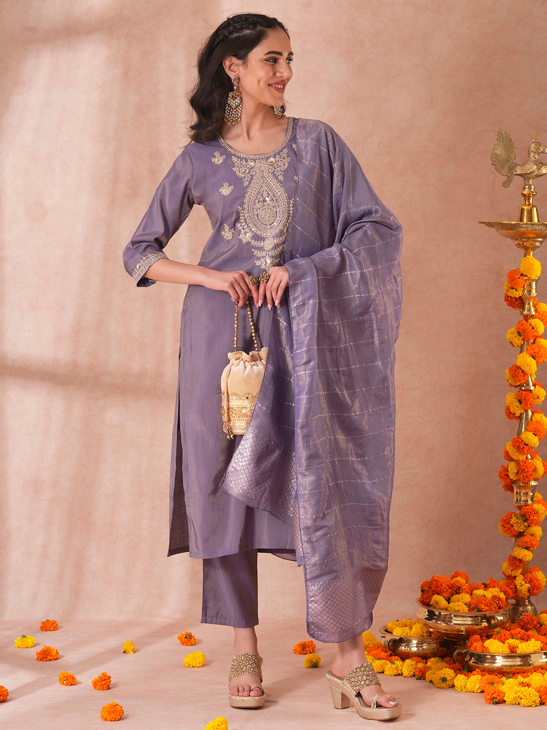 Solid Sequin Embroidered Tissue Straight Fit Kurta with Pant and Dupatta - Purple