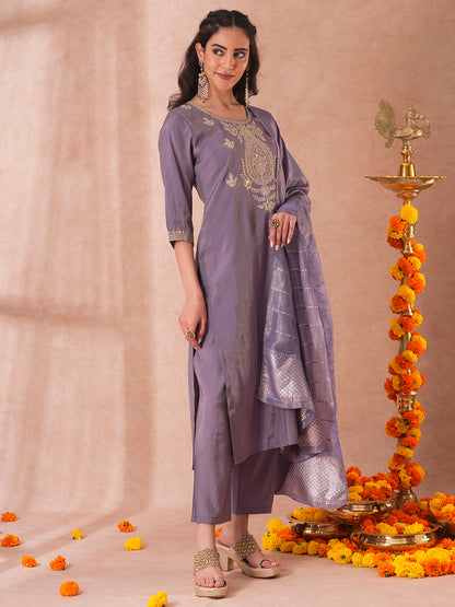 Solid Sequin Embroidered Tissue Straight Fit Kurta with Pant and Dupatta - Purple