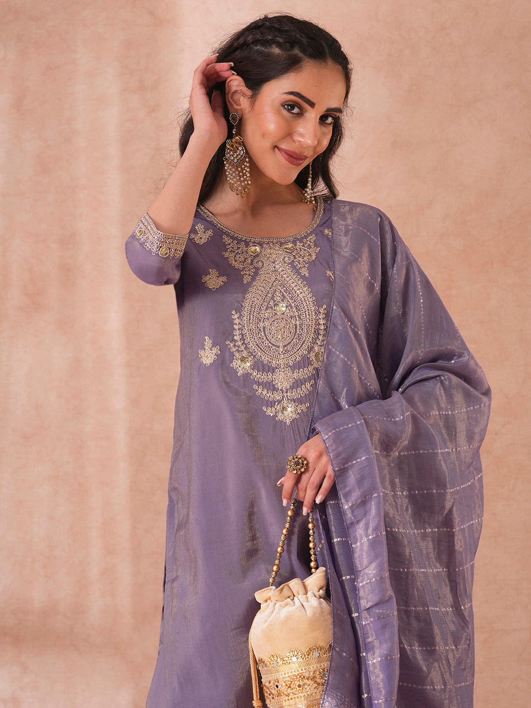 Solid Sequin Embroidered Tissue Straight Fit Kurta with Pant and Dupatta - Purple