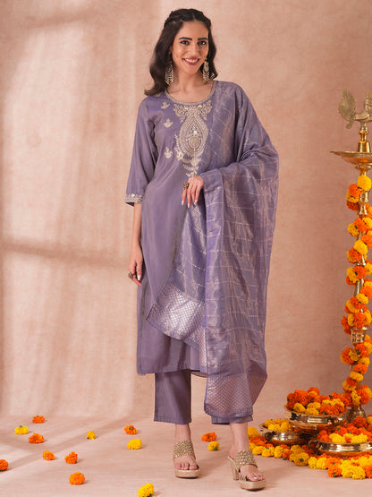 Solid Sequin Embroidered Tissue Straight Fit Kurta with Pant and Dupatta - Purple