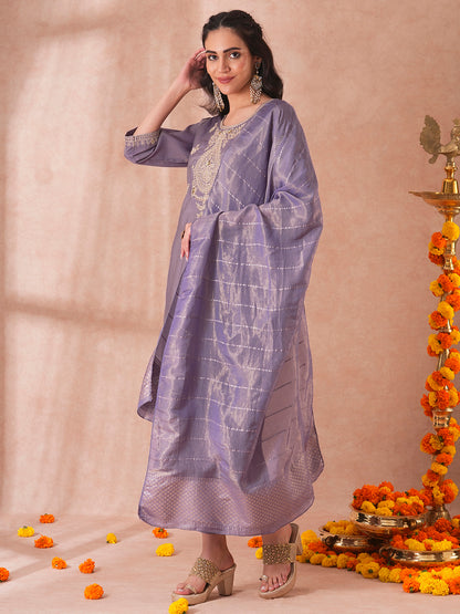 Solid Sequin Embroidered Tissue Straight Fit Kurta with Pant and Dupatta - Purple