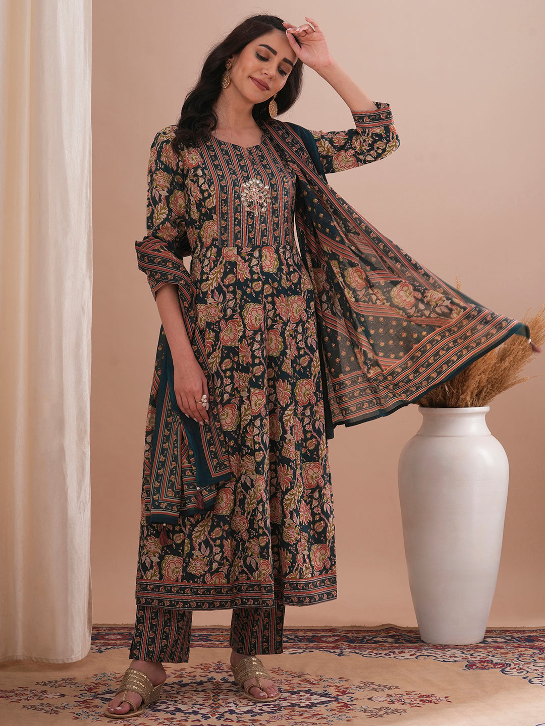 Ethnic Floral Printed & Embroidered Anarkali Kurta with Pant and Dupatta - Green