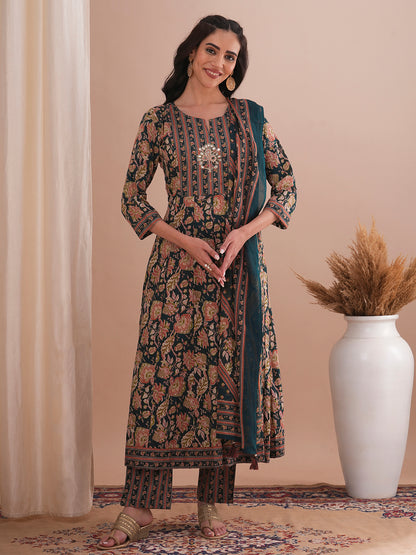 Ethnic Floral Printed & Embroidered Anarkali Kurta with Pant and Dupatta - Green