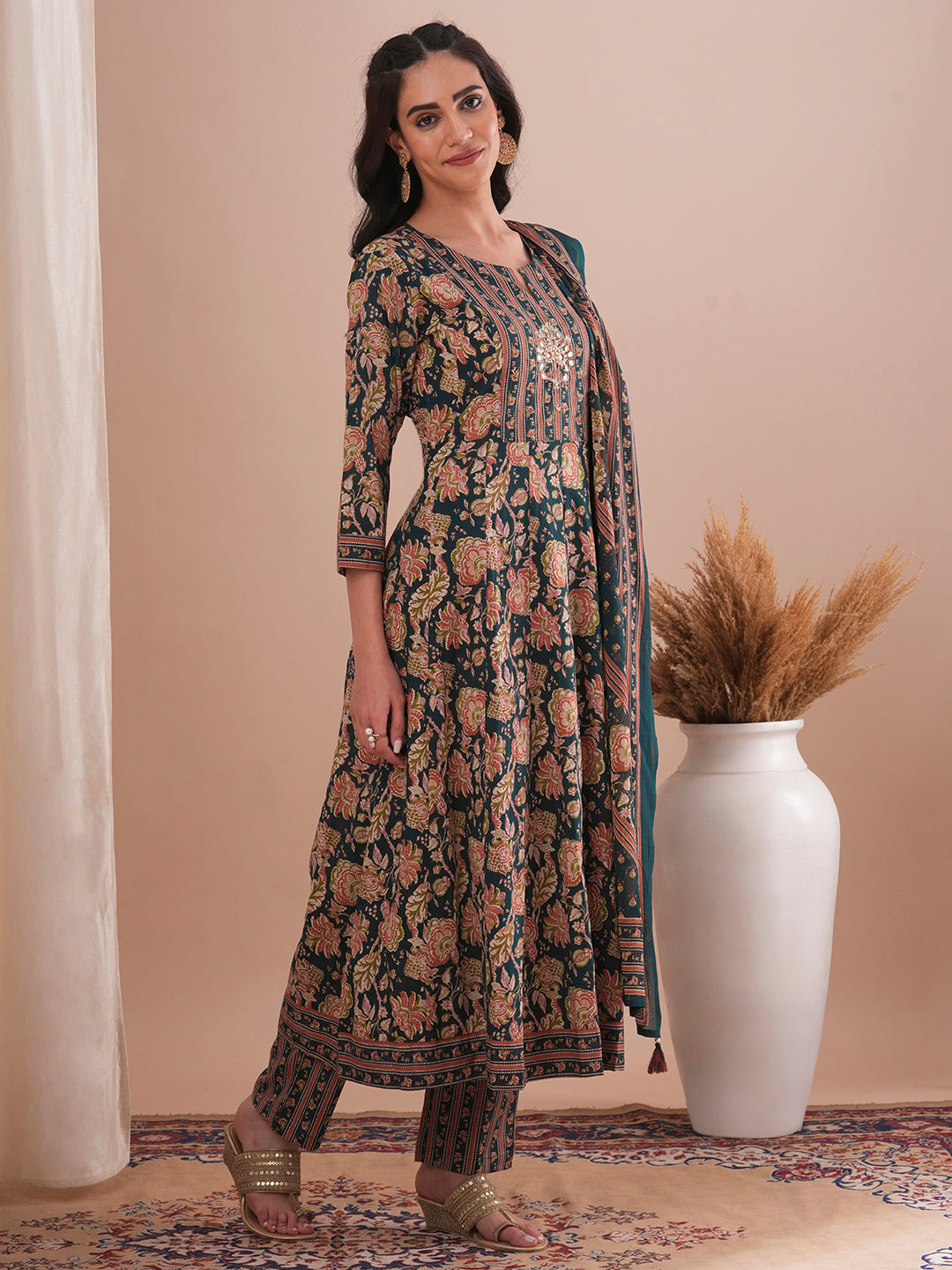 Ethnic Floral Printed & Embroidered Anarkali Kurta with Pant and Dupatta - Green