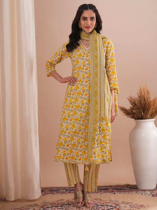 Floral Printed & Embroidered Straight Fit Kurta with Pant and Dupatta - Yellow