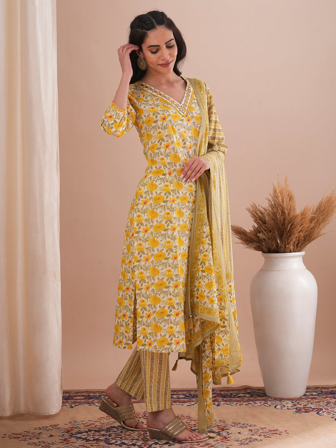 Floral Printed & Embroidered Straight Fit Kurta with Pant and Dupatta - Yellow