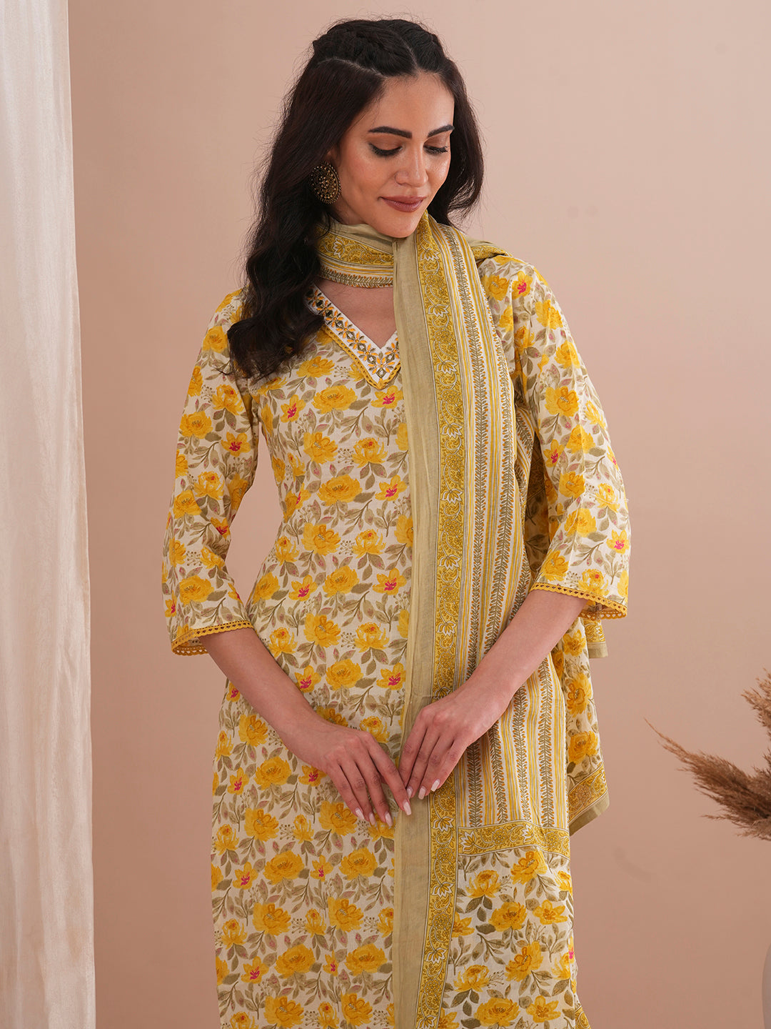 Floral Printed & Embroidered Straight Fit Kurta with Pant and Dupatta - Yellow