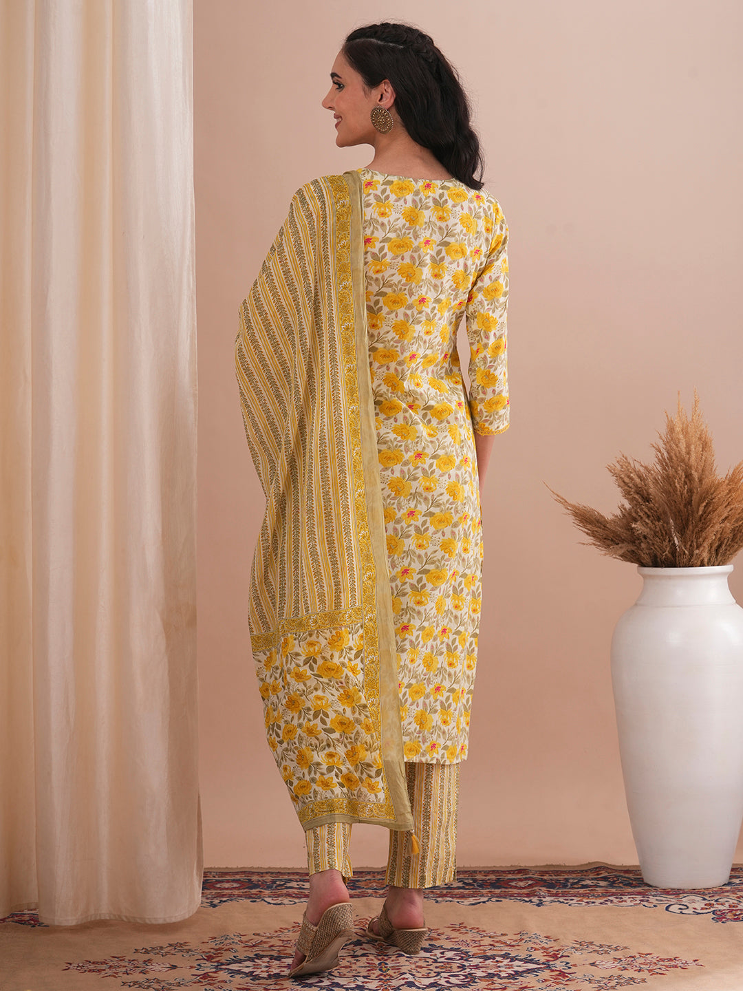 Floral Printed & Embroidered Straight Fit Kurta with Pant and Dupatta - Yellow