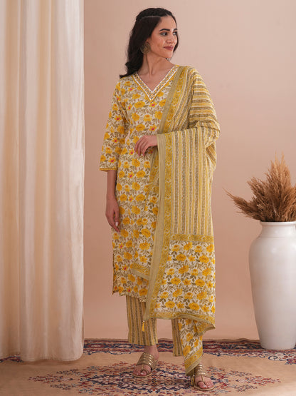 Floral Printed & Embroidered Straight Fit Kurta with Pant and Dupatta - Yellow