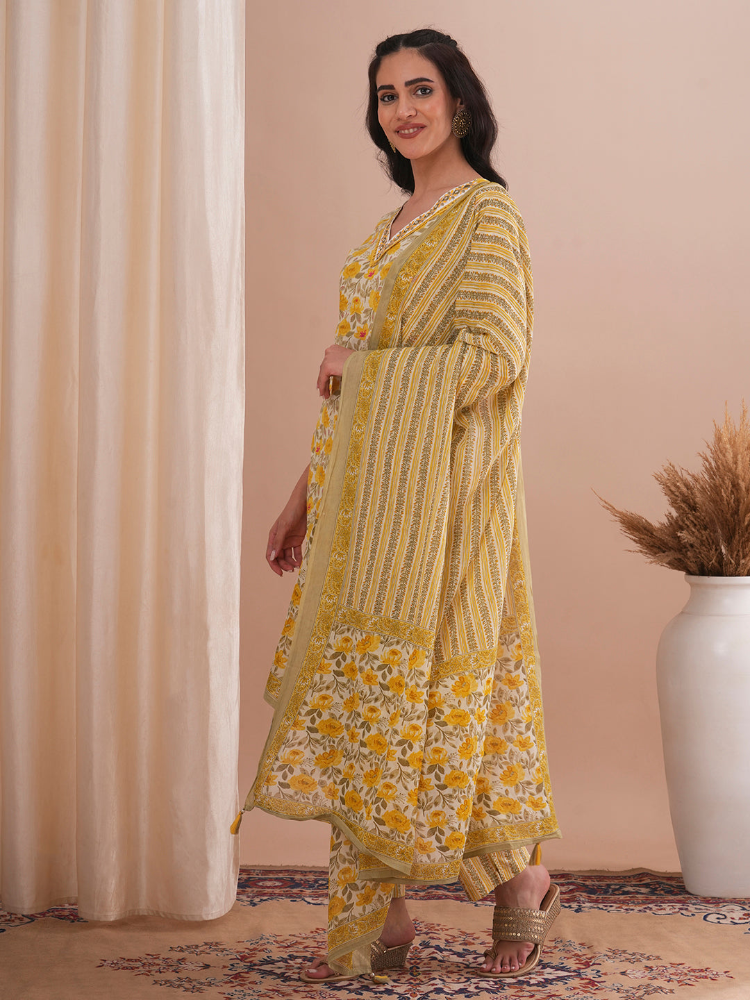 Floral Printed & Embroidered Straight Fit Kurta with Pant and Dupatta - Yellow