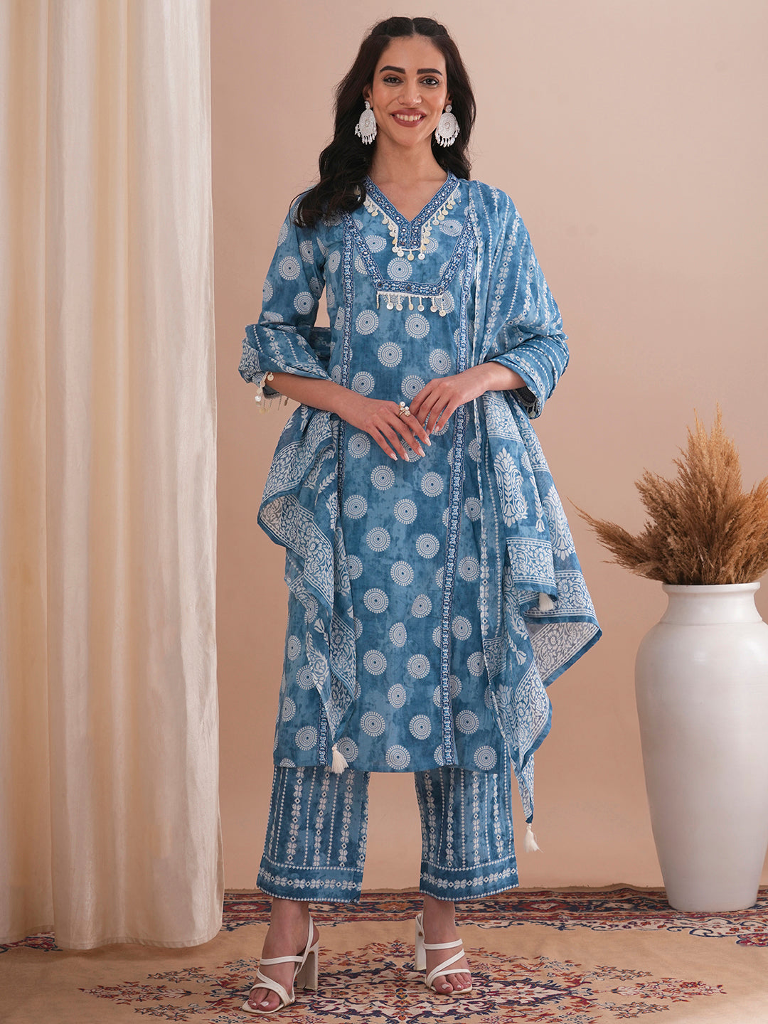 Ethnic Printed Straight Fit Kurta with Palazzo & Dupatta - Blue