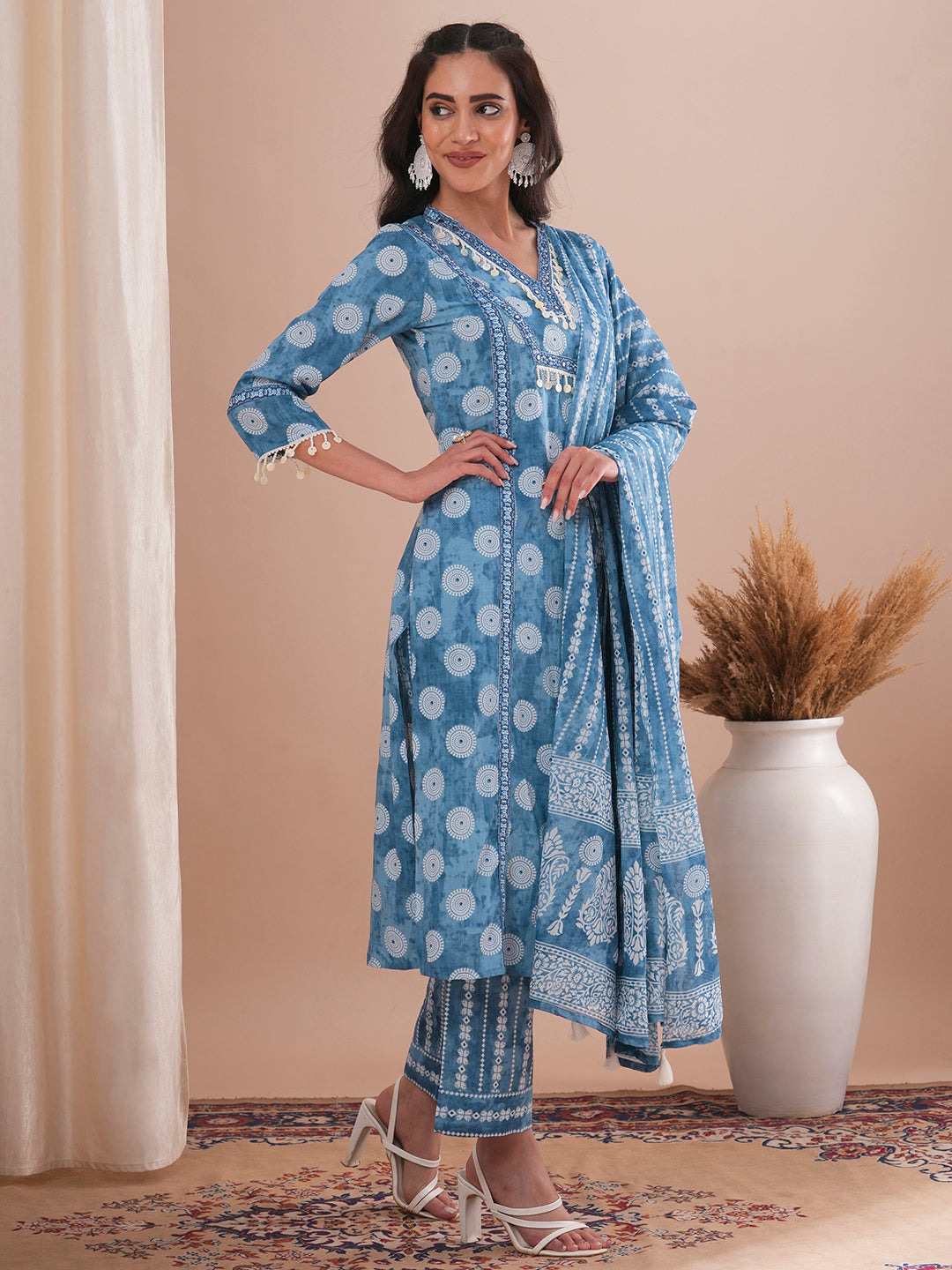 Ethnic Printed Straight Fit Kurta with Palazzo & Dupatta - Blue