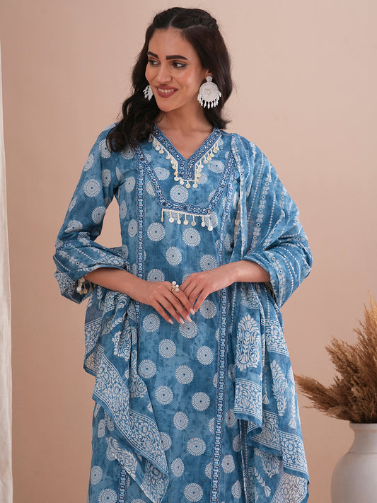 Ethnic Printed Straight Fit Kurta with Palazzo & Dupatta - Blue