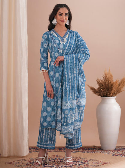 Ethnic Printed Straight Fit Kurta with Palazzo & Dupatta - Blue