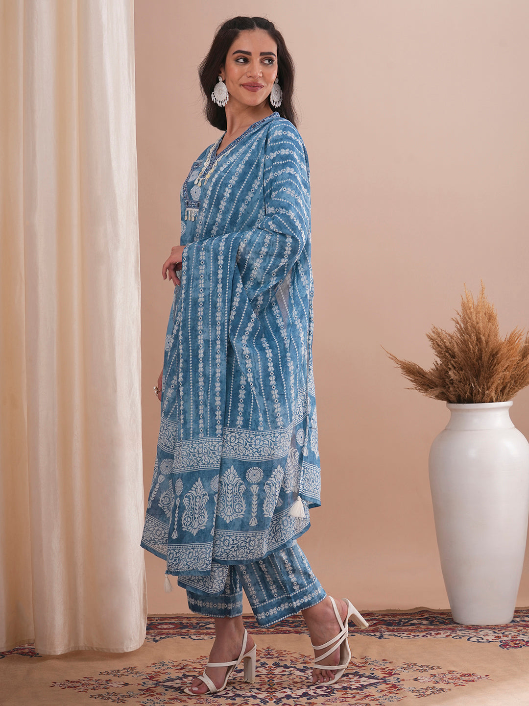 Ethnic Printed Straight Fit Kurta with Palazzo & Dupatta - Blue