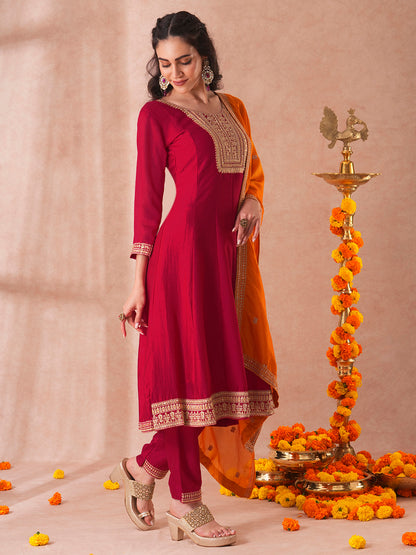 Solid Ethnic Embroidered Anarkali Flared Kurta with Pant and Dupatta - Ruby Pink