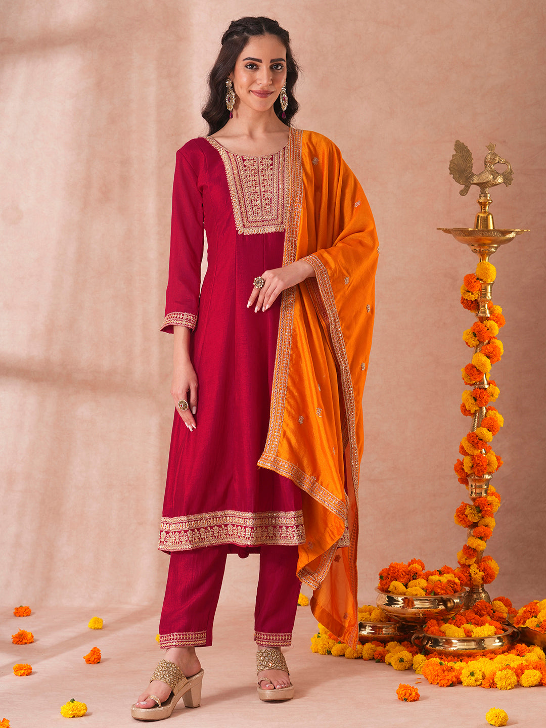 Solid Ethnic Embroidered Anarkali Flared Kurta with Pant and Dupatta - Ruby Pink