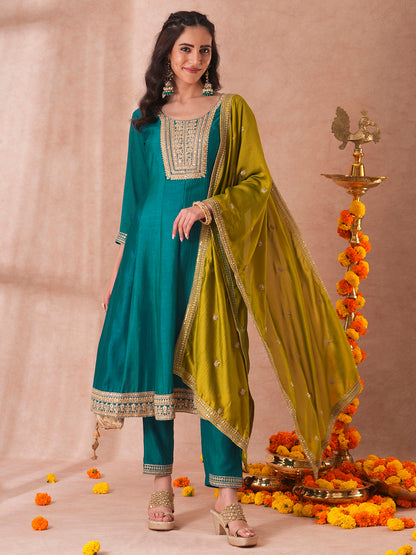 Solid Ethnic Embroidered Anarkali Flared Kurta with Pant and Dupatta - Turquoise Blue