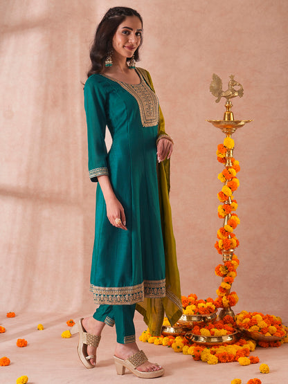 Solid Ethnic Embroidered Anarkali Flared Kurta with Pant and Dupatta - Turquoise Blue