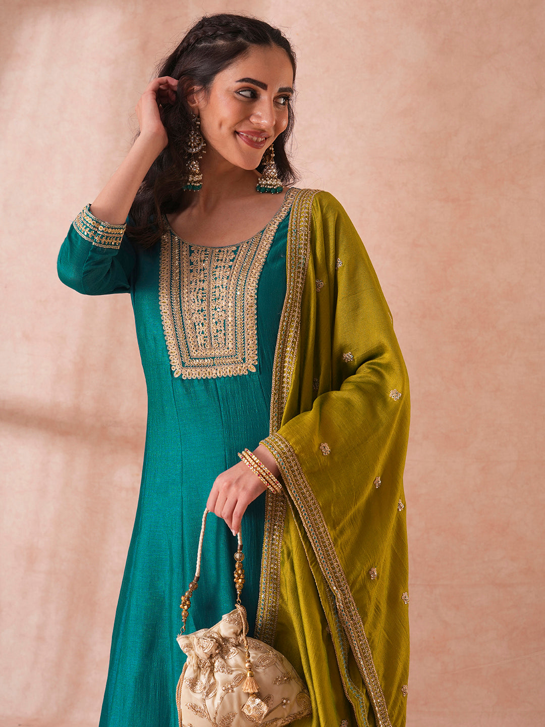 Solid Ethnic Embroidered Anarkali Flared Kurta with Pant and Dupatta - Turquoise Blue