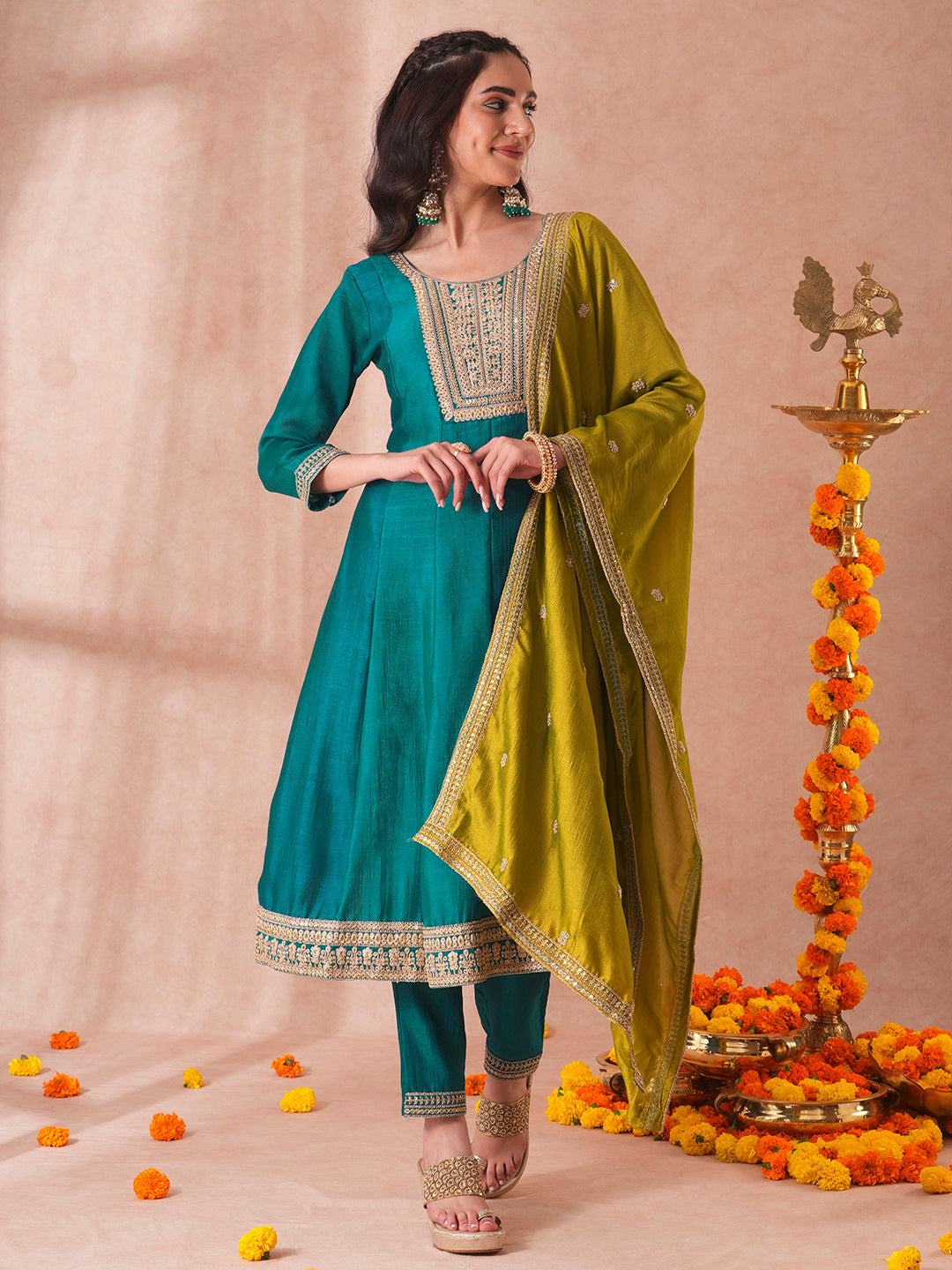 Solid Ethnic Embroidered Anarkali Flared Kurta with Pant and Dupatta - Turquoise Blue