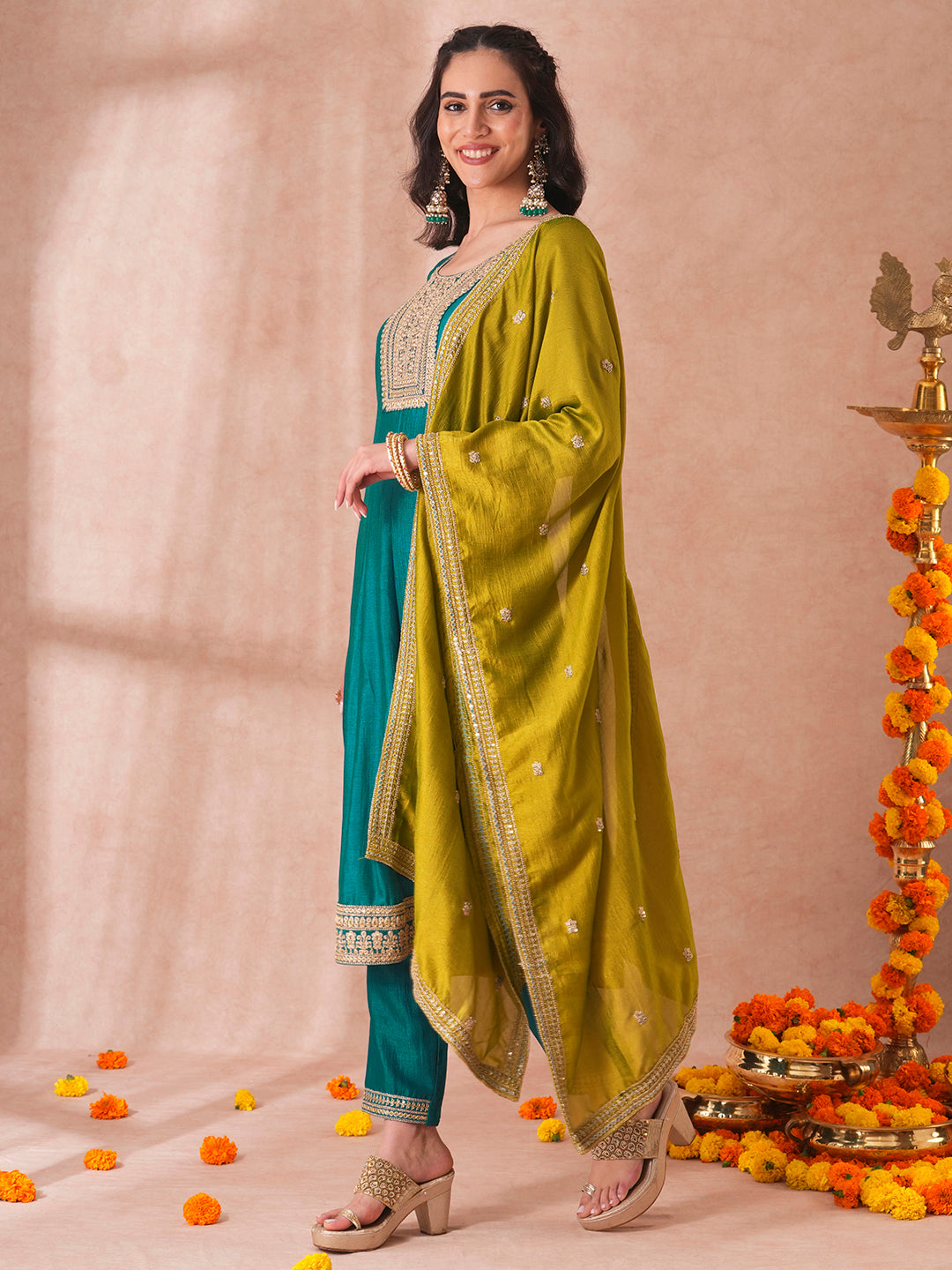 Solid Ethnic Embroidered Anarkali Flared Kurta with Pant and Dupatta - Turquoise Blue