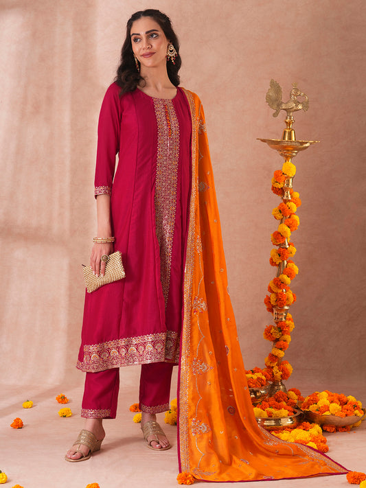 Solid Ethnic Sequin Embroidered Anarkali Kurta with Pant and Dupatta - Ruby Pink