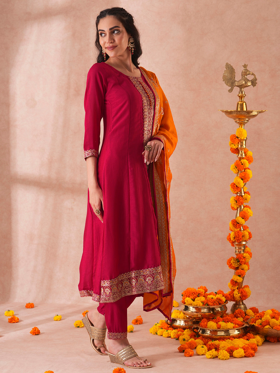 Solid Ethnic Sequin Embroidered Anarkali Kurta with Pant and Dupatta - Ruby Pink