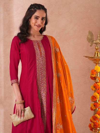 Solid Ethnic Sequin Embroidered Anarkali Kurta with Pant and Dupatta - Ruby Pink